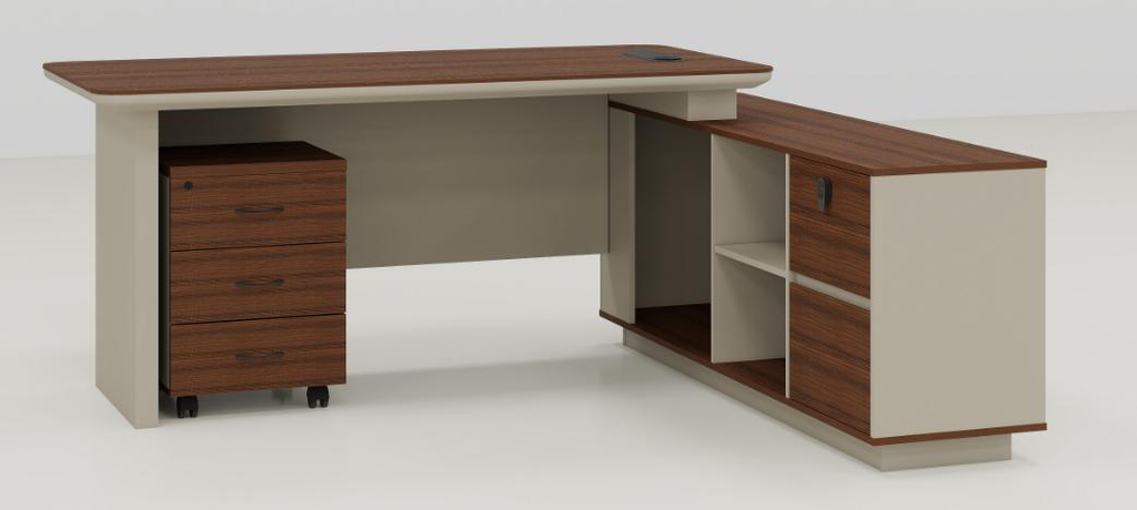 [MINGGE-01-B1617-1800X160] Bureau de direction en L 01-B1617 – retour fixe, caisson, prise et LED, noyer / crème, 1600 à 2000 mm (1800 x 1600 x 750)