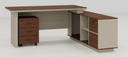L-shaped executive desk 01-B1617 – fixed return, pedestal, outlet and LED, walnut / cream, 1600 to 2000 mm