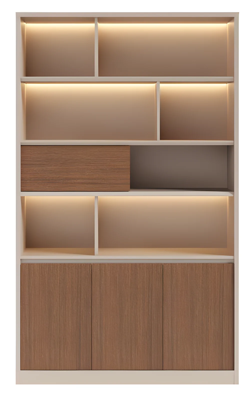 [MINGGE-01-W25207] Bibliothèque 01-W25207 1180 mm avec bandeau LED – mélaminé noyer / crème C108+C84, niches ouvertes, 2000 mm