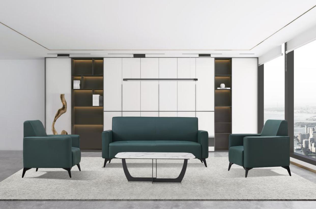 [AMBITION-SF-3041A-NOIR2700] Reception sofa set SF-3041A 1+1+3 seats – black or brown PU leather, solid wood frame, black metal legs (Black (270-01))