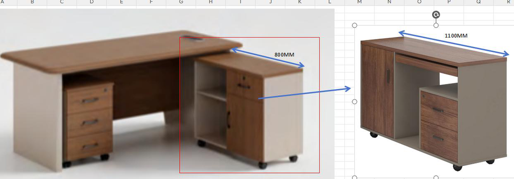[MINGGE-01-B2016A-2000X850] Executive desk 01-B2016A with E8 return and mobile pedestal – walnut/cream PVC, outlet, LED, 1600/1800/2000 mm (2000 x 850 x 750)