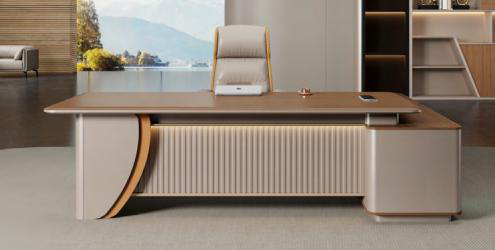 [MINGGE-01-B1816-1800X160] Bureau en L 01-B1816 retour réversible – noyer/crème PVC, caisson mobile, prise, LED, 1800 à 2400 mm (1800 x 1600 x 750)