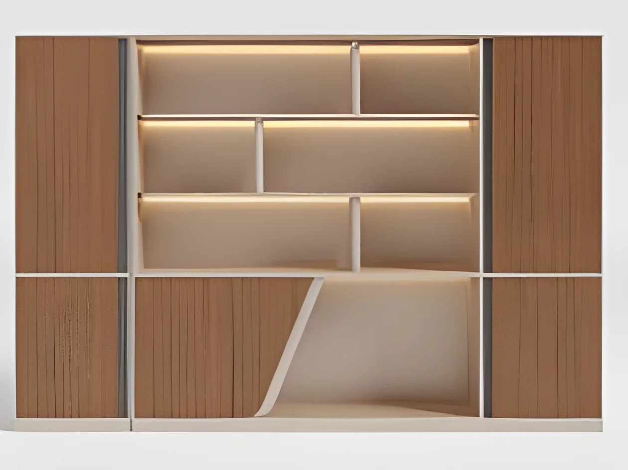 [MINGGE-01-W3040] Wall bookcase 01-W3040 3000 x 400 x 2000 mm with LED lighting – open niches, walnut/cream PVC