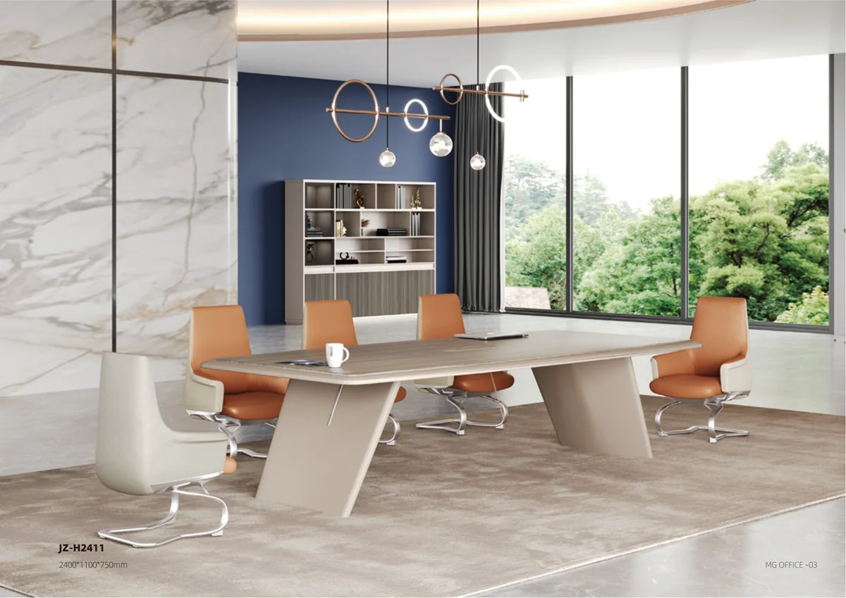 [MINGGE-01-H2411] Table de réunion 01-H2411 2400 x 1100 mm pour 8 personnes – noyer / crème revêtu PVC, prise multifonction