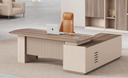 Bureau de direction en L JZ-B2619A – chêne gris / beige, retour fixe, caisson mobile, LED, 1800 ou 2000 mm