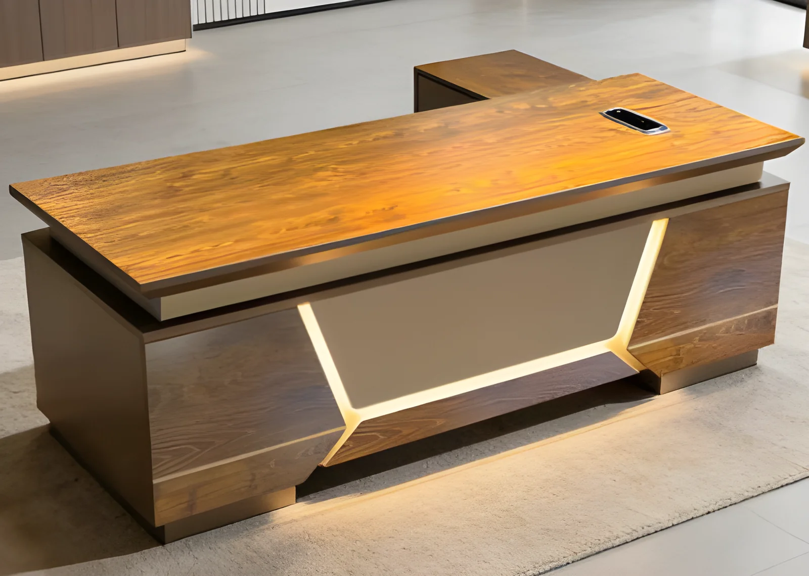 [XIAN-XA-26-04-BOISCLAI-1800X850] Executive desk XA-26-04 with storage return – HX-128 khaki or HX-114 gold wood finish, 1800/2000 mm (Light wood + gold inserts (HX-114+gold), 1800 x 850 x 750)
