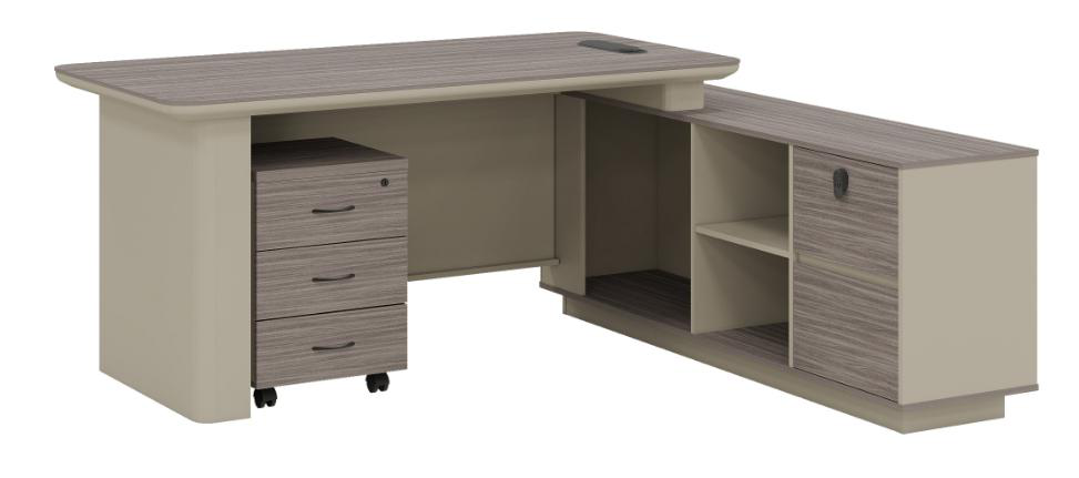 [MINGGE-JZ-B2418A-1800X160] Bureau de direction en L JZ-B2418A retour réversible – chêne gris / beige, caisson mobile, LED, 1600 à 2000 mm (1800 x 1600 x 750)