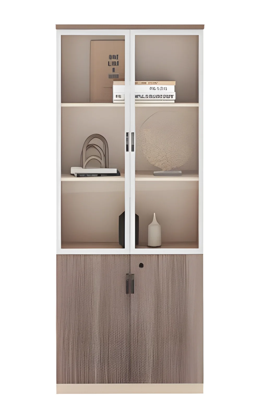 [MINGGE-MC18218-1] Bibliothèque MC18218-1 800 x 400 x 2000 mm – chêne gris / beige C83, vitrine haute, portes basses fermées