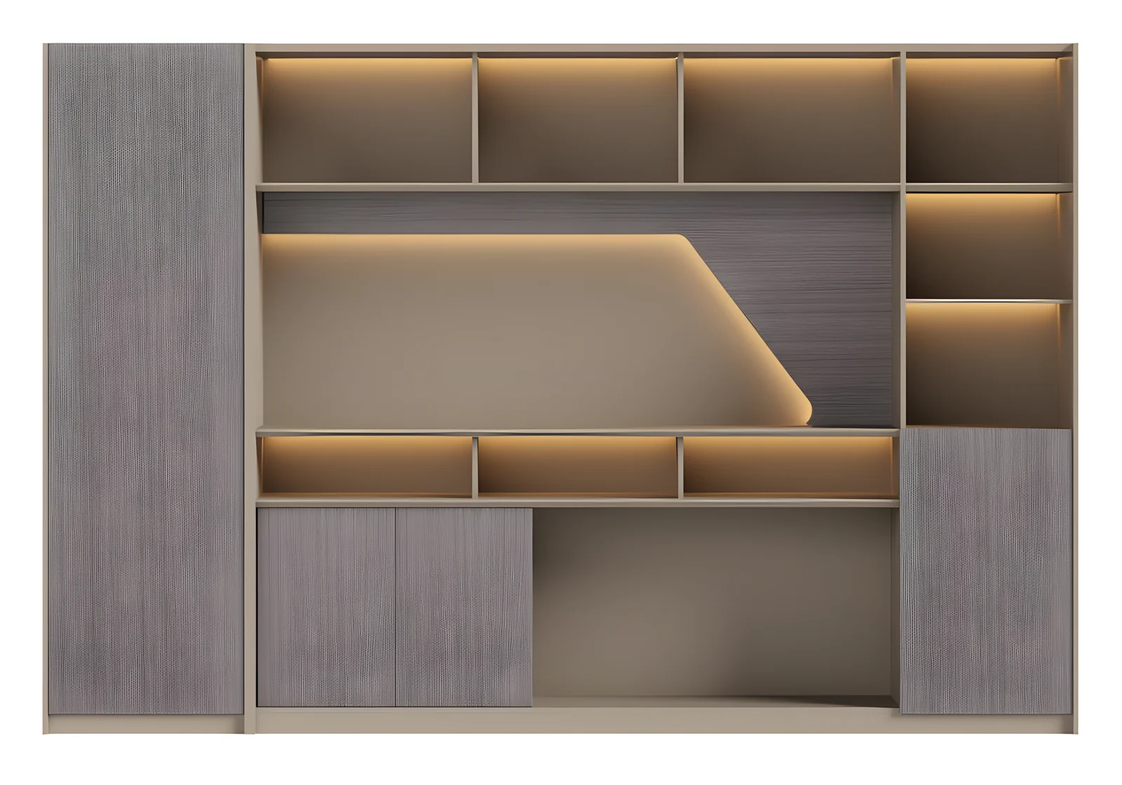 [MINGGE-08-W3041] Bibliothèque murale 08-W3041 3000 x 400 x 2000 mm, bandeau LED – noyer foncé / gris clair, niches ouvertes