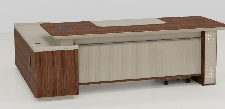 [MINGGE-02-B2420-1800X160] L-shaped executive desk 02-B2420 with PU top pad and mobile pedestal – walnut / cream, 1800 to 2200 mm (1800 x 1600 x 750)